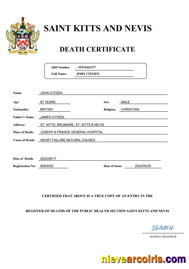 Saint Kitts and Nevis vital record death certificate